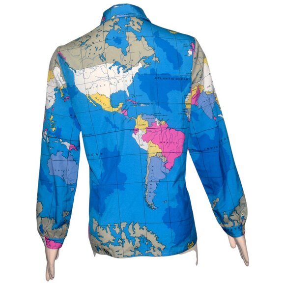 Vintage 70s Button Front Shirt Blouse World Map Print Long Sleeves Pockets M - Picture 4 of 7
